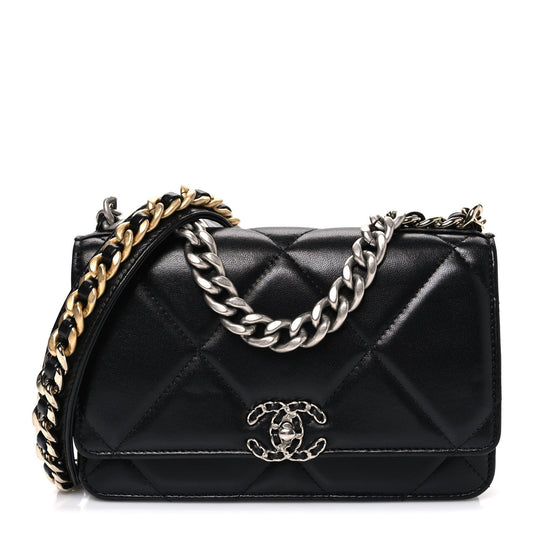 Lambskin Quilted Chanel 19 Wallet On Chain WOC Black