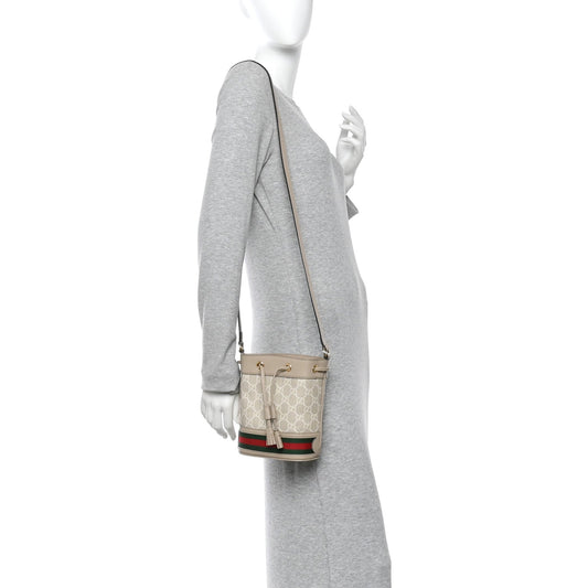 GG Supreme Monogram Textured Calfskin Web Mini Ophidia Bucket Bag Beige Ebony Mystic White Oatmeal