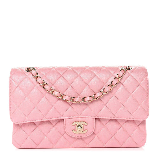 Iridescent Caviar Quilted Medium Double Flap Rose Pink
