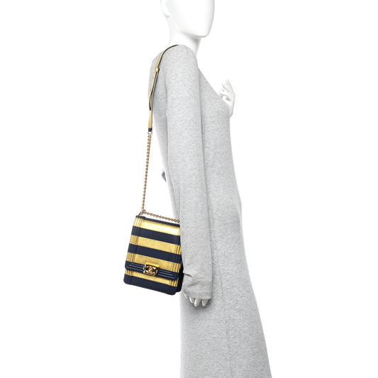 Metallic Lambskin Striped North South Boy Flap Navy Gold