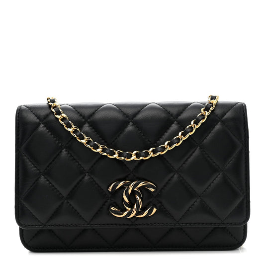 Lambskin Quilted Twisted CC Wallet On Chain WOC Black
