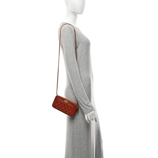 Lambskin Quilted Small Boy Clutch With Chain Orange