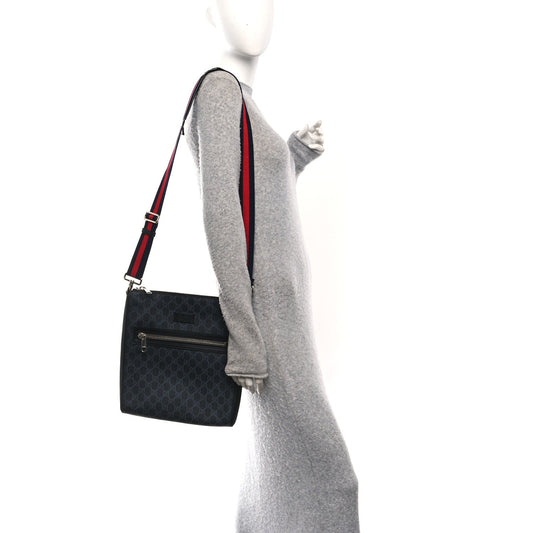 GG Supreme Monogram Appia Calfskin Web Flat Messenger Bag Black Grey