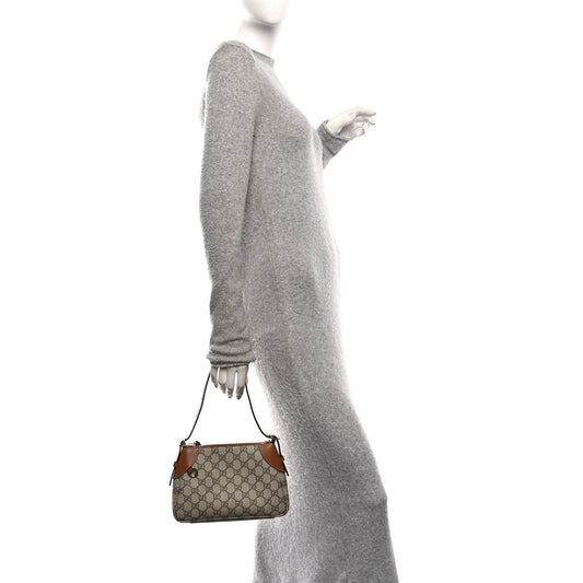 GG Supreme Monogram Textured Calfskin Small Emblem Shoulder Bag Beige Dark Brown