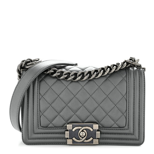 Metallic Calfskin Quilted Small Boy Flap Dark Silver