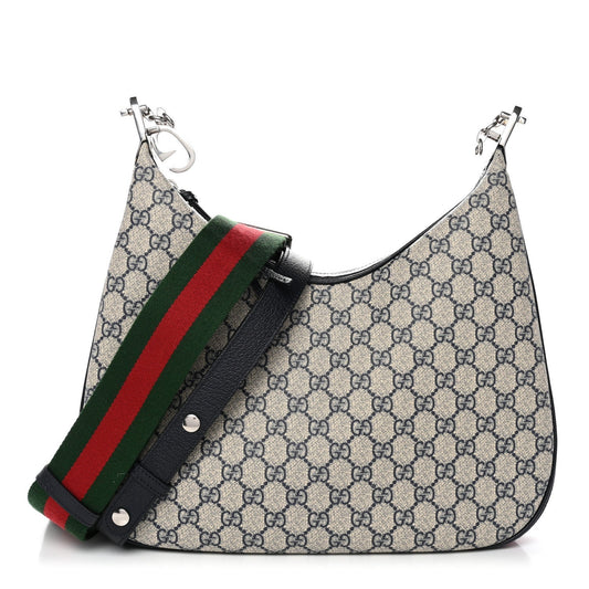 GG Supreme Monogram Textured Calfskin Web Large Attache Shoulder Bag Beige Blue