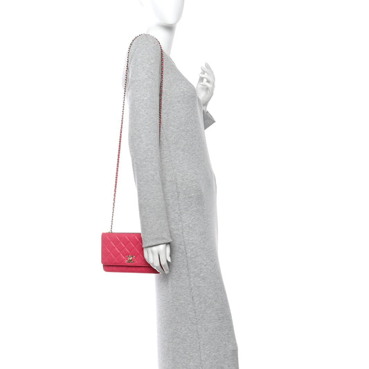 Lambskin Quilted Trendy CC Wallet On Chain WOC Dark Pink