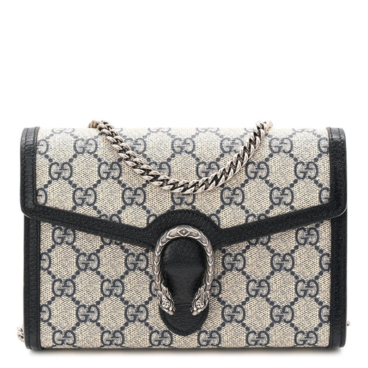 GG Supreme Monogram Textured Dollar Calfskin Mini Dionysus Chain Wallet Beige Blue