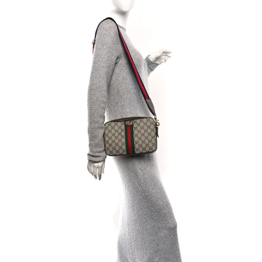 GG Supreme Monogram Textured Dollar Calfskin Web Ophidia Wristlet Shoulder Bag Beige Ebony New Acero