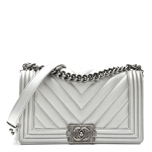 Metallic Caviar Chevron Quilted Medium Boy Flap Silver