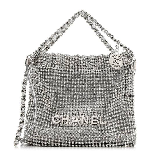 Crystal Embellished Metallic Lambskin Mini Chanel 22 Silver