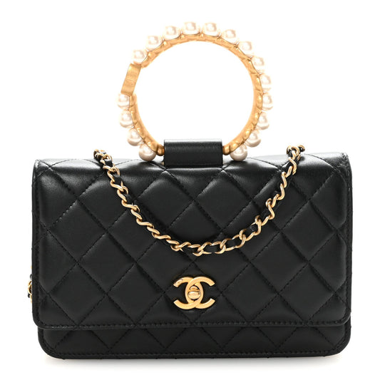 Lambskin Quilted Pearl Crown Wallet On Chain WOC Black