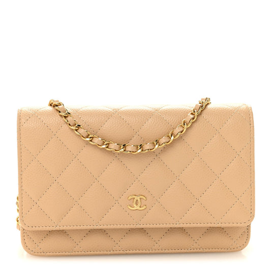 Caviar Quilted Wallet on Chain WOC Beige