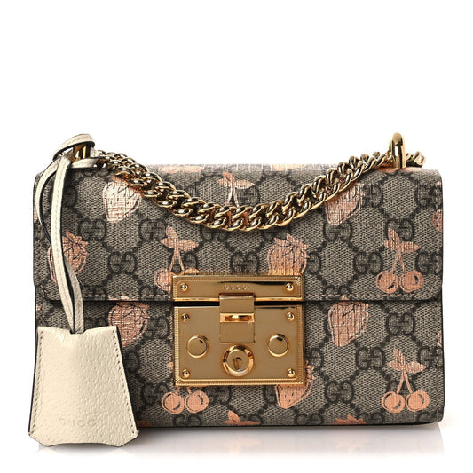 GG Supreme Monogram Berry Textured Dollar Calfskin Small Padlock Shoulder Bag Beige Ebony Light Copper Mystic White