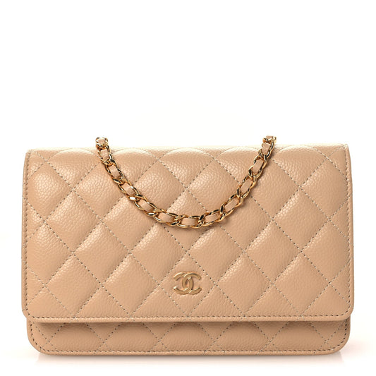 Caviar Quilted Wallet on Chain WOC Beige