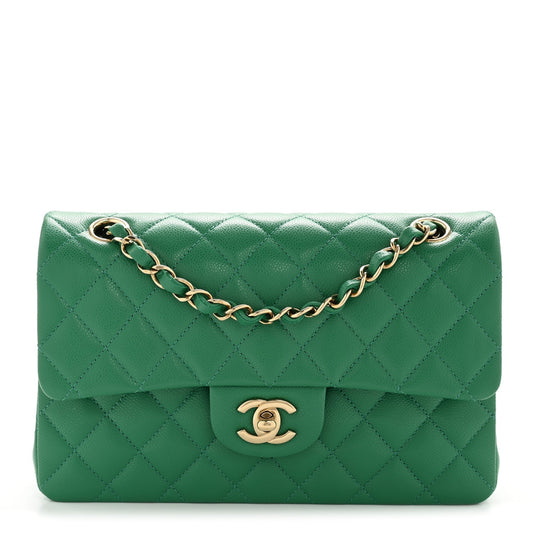Caviar Quilted Small Double Flap Green