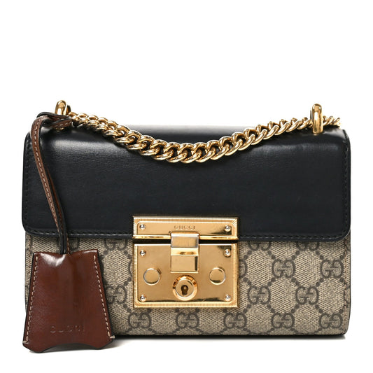 GG Supreme Monogram Calfskin Small Padlock Shoulder Bag Beige Black Cuir