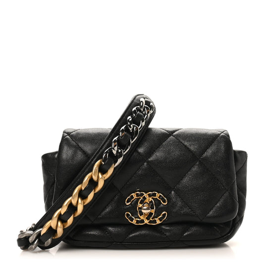 Goatskin Quilted Chanel 19 Waist Bag Black