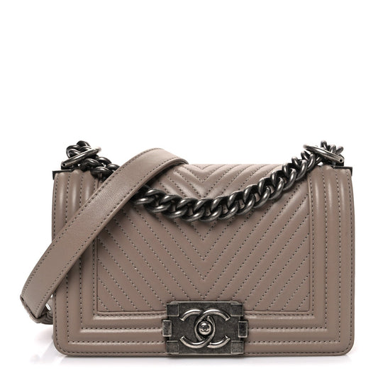 Calfskin Chevron Quilted Small Boy Flap Dark Beige