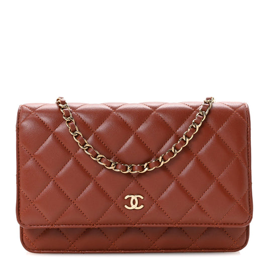 Lambskin Quilted Wallet On Chain WOC Brown