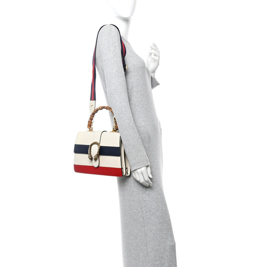 Calfskin Bamboo Web Medium Dionysus Top Handle Bag White Blue Hibiscus Red