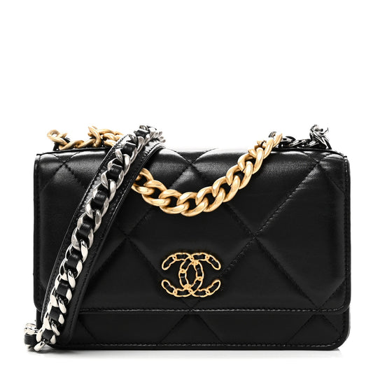 Lambskin Quilted Chanel 19 Wallet On Chain WOC Black