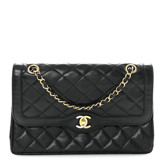 Lambskin Quilted Medium Double Flap Bag Black