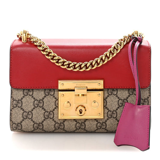 GG Supreme Monogram Calfskin Small Padlock Shoulder Bag Beige Hibiscus Red New Rosette