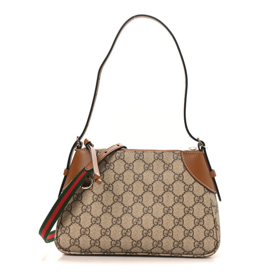 GG Supreme Monogram Textured Calfskin Small Emblem Shoulder Bag Beige Dark Brown