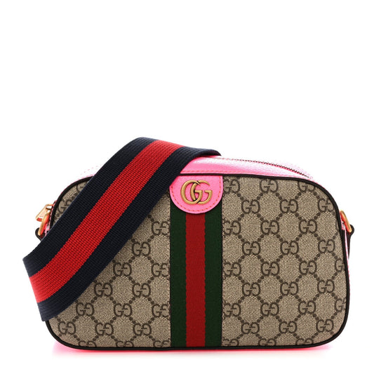 GG Supreme Monogram Textured Dollar Calfskin Web Ophidia Small Crossbody Bag Beige Ebony Fuchsia
