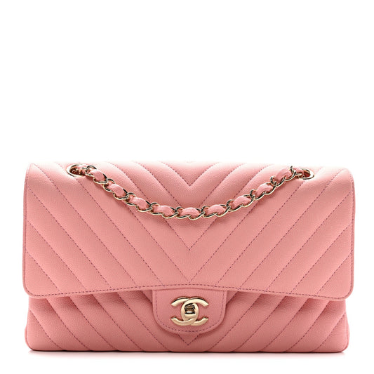 Caviar Flat Chevron Quilted Medium Double Flap Pink