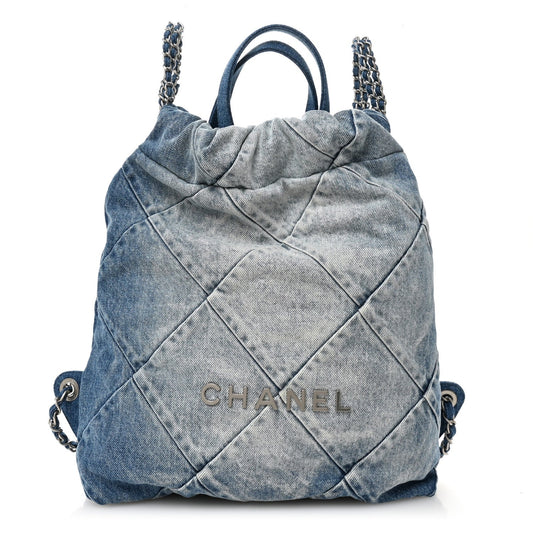 Denim Quilted Chanel 22 Backpack Blue