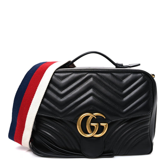 Calfskin Matelasse Sylvie Web Small GG Marmont Top Handle Shoulder Bag Black