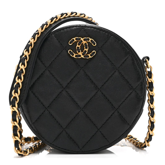Goatskin Quilted Chanel 19 Round Clutch With Chain Black