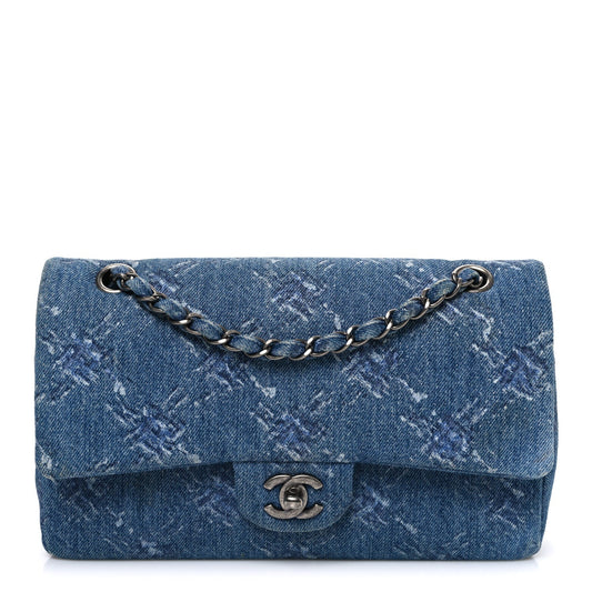Denim Bleached Chain Medium Double Flap Blue