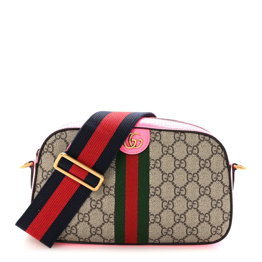 GG Supreme Monogram Textured Dollar Calfskin Web Ophidia Small Crossbody Bag Beige Ebony Fuchsia