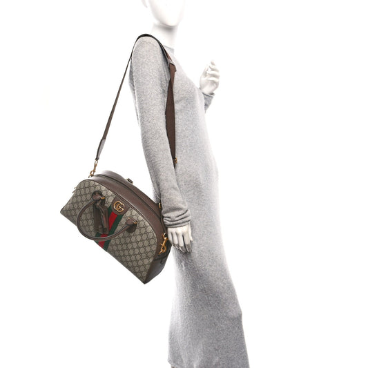 GG Supreme Monogram Textured Dollar Calfskin Web Medium Savoy Bowling Bag Beige Ebony New Acero